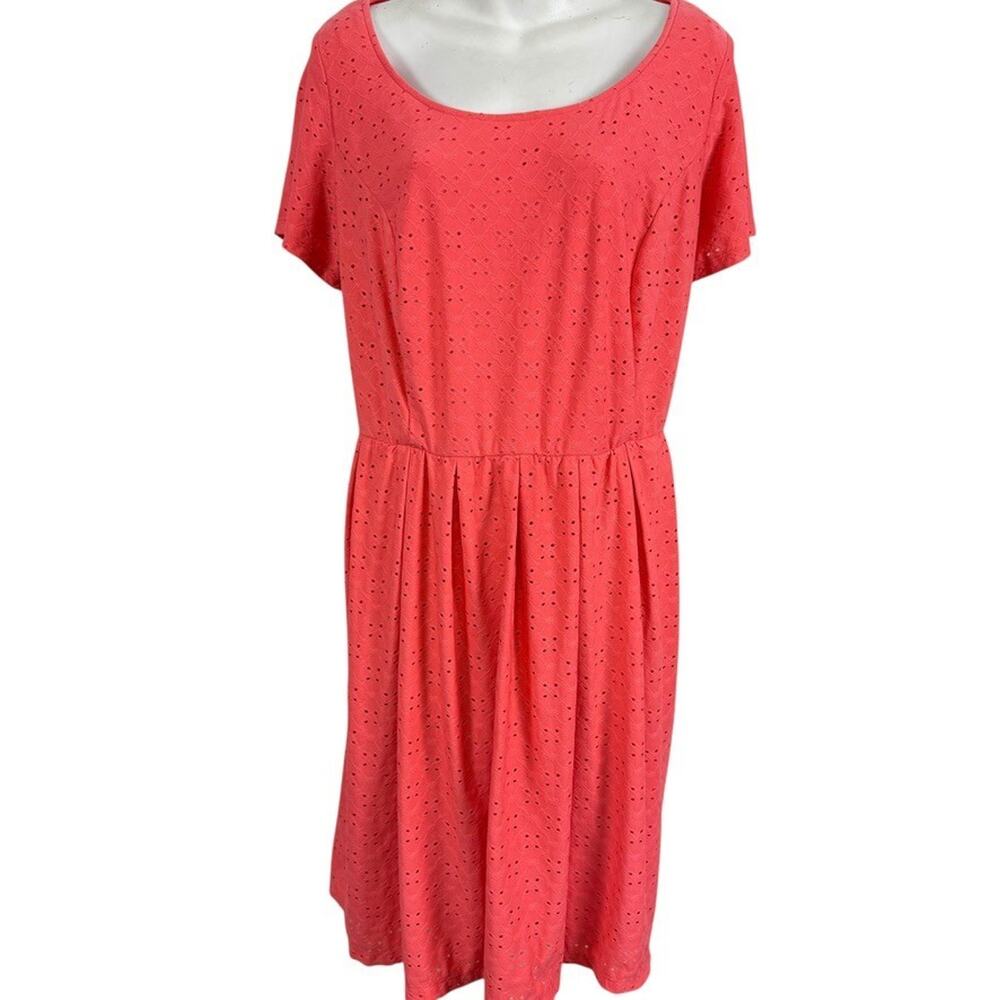 Ronni Nicole Womens Coral Pink Eyelet Pleated Knit Short Sleeve Dress sz 14W
